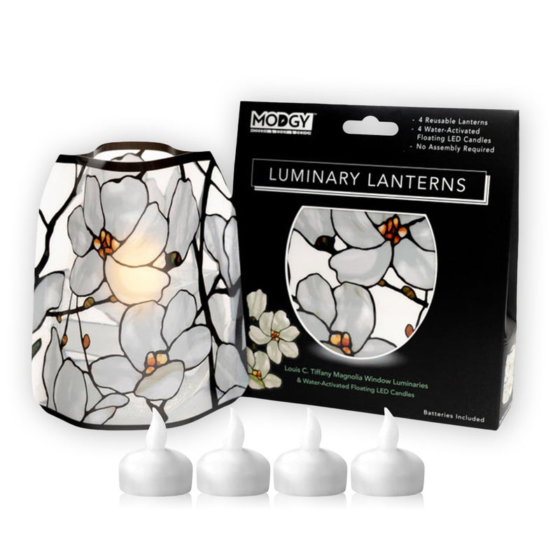 MODGY Luminary Lanterns 4-Pack - Floating LED Candles with Batteries Included - Luminaries are Great for Weddings, Parties, Patios & Celebrations of All Kinds (Louis C. Tiffany Magnolia Window) - Image 1